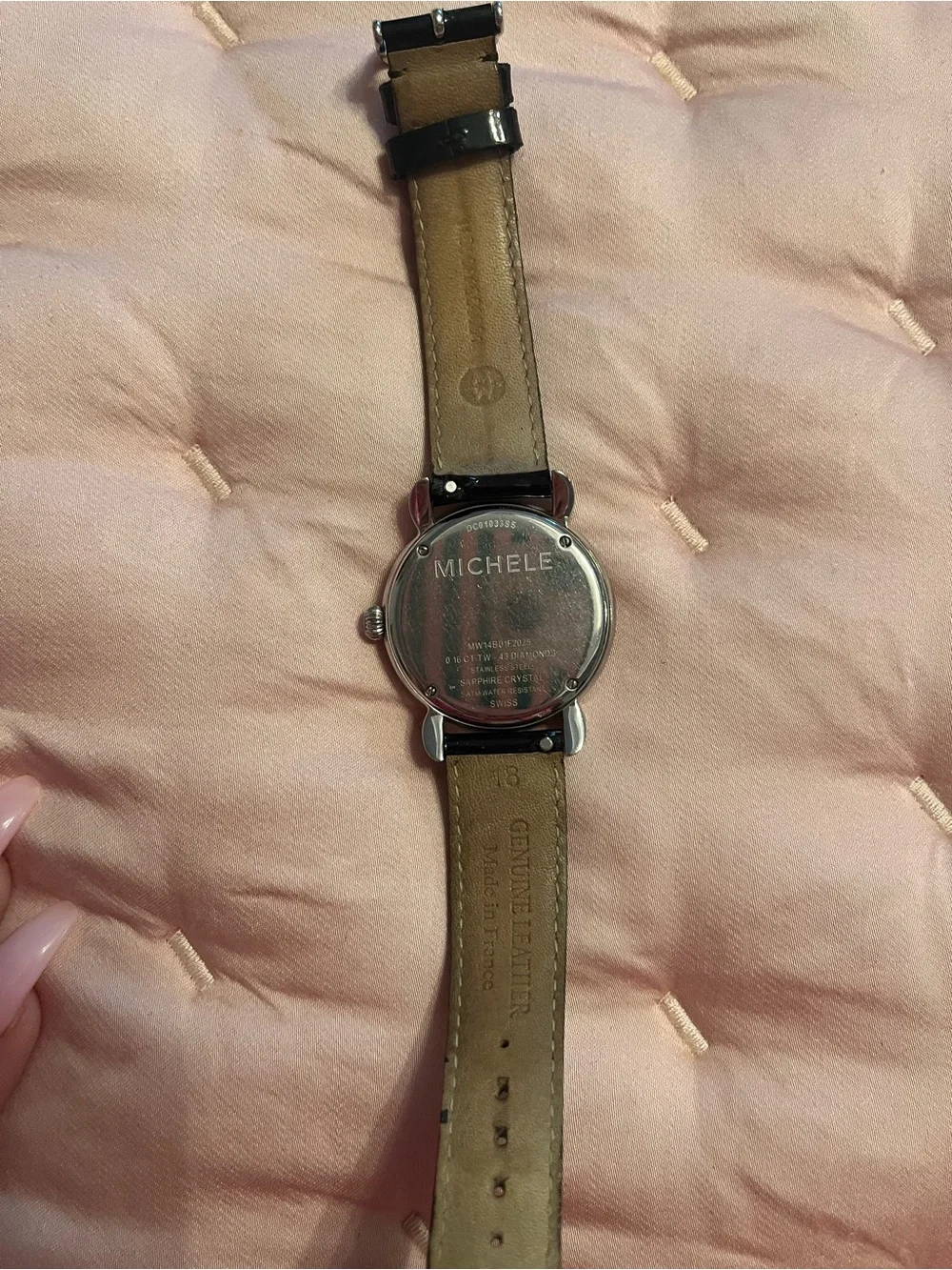 Michele Black Patent Leather and Diamond Silver Dial Women's Watch